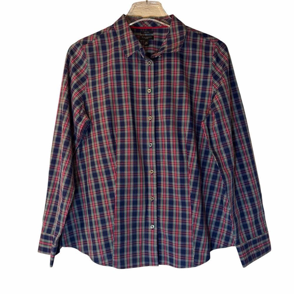 Talbots Navy Red Tartan Plaid Button Up Shirt Collar Stretch No-Iron 10 Petite